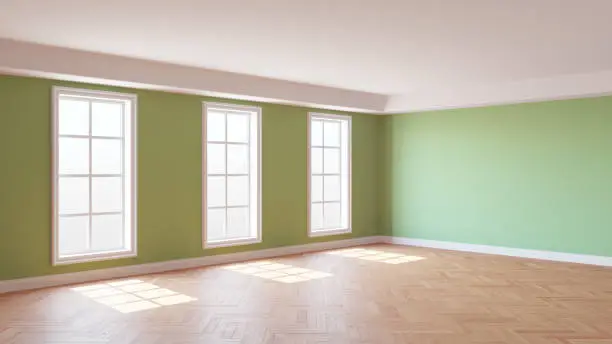 Corner of the Sunny Interior with Green Walls, Three Large Windows, White Ceiling and Cornice, Glossy Herringbone Parquet Flooring and a White Plinth. 3D Rendering. Ultra HD 8K 7680x4320, 300 dpi