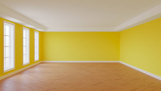 istock Empty Interior, Room with Yellow Walls, White Ceiling and Cornice, Three Large Windows 1432695445