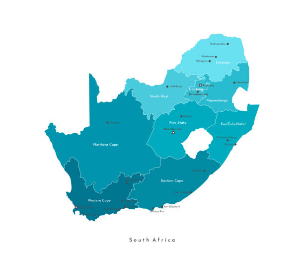 ベクター分離図。南アフリカ共和国の簡略化された行政地図。領域の青色の図形。都市と県の名前。白い背景 - south africa map africa vector点のイラスト素材／クリップアート素材／マンガ素材／アイコン素材