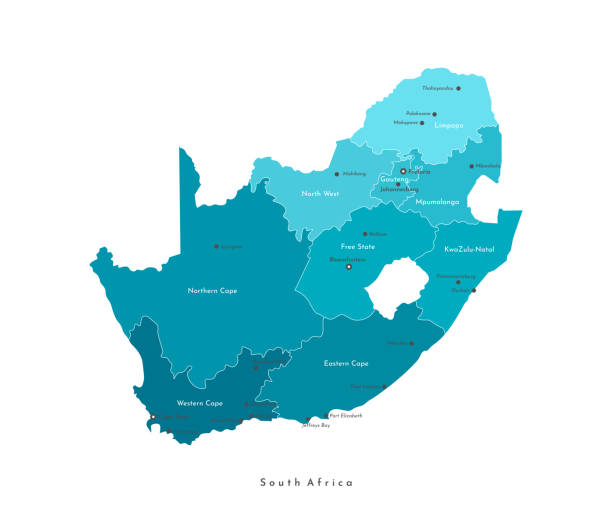 stockillustraties, clipart, cartoons en iconen met vector isolated illustration. simplified administrative map of republic of south africa. blue shapes of regions. names of the cities and provinces. white background - zuid afrika