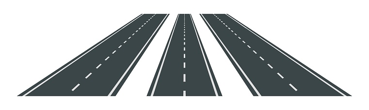 Vector illustration of roads with white markings isolated on white background. Set of asphalt roads in perspective view. Collection of empty straight highways.