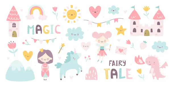 Vector illustration of Cute fairy tale set for girls. Magic girly collection with princess and unicorn. Kawaii fantasy sticker bundle.