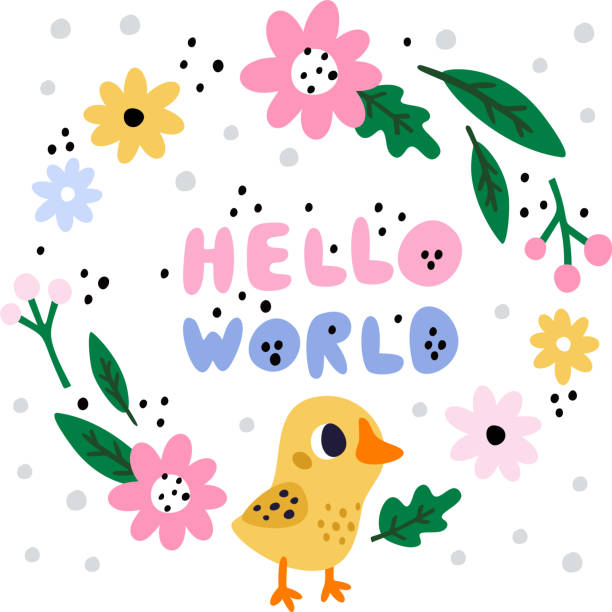 hühner neue geburtskarte. süße küken grußposter. neugeborener vogel und blumen. kleines gelbes tier. hallo welt. ankündigung einer babyparty. geburtstagsfeier. vector jubiläumsbanner - animal young bird baby chicken chicken stock-grafiken, -clipart, -cartoons und -symbole