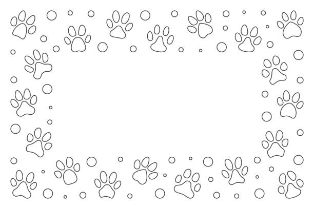 Horizontal  Frame made of Pet paw Prints outline symbols Horizontal Minimal Frame made of Pet paw Prints concept outline symbols. Vector Banner or illustration with empty space for text dog borders stock illustrations