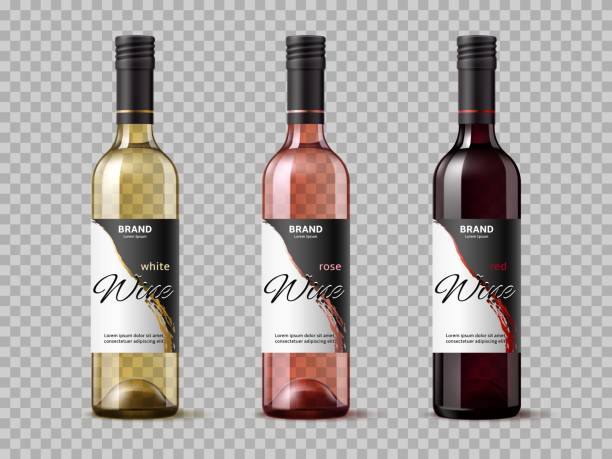 Realistic transparent wine bottles. Wine types, white, red and rose, isolated 3d mockups, grape alcohol drink, label design template, beverages design containers, utter vector set Realistic transparent wine bottles. Wine types, white, red and rose, isolated 3d mockups, grape alcohol drink, label design template, beverages design containers muscat and riesling, utter vector set wine bottle stock illustrations