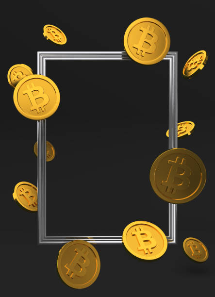 istock Silver frame with gold Bitcoin isolated on black background. 3d bit coin illustration. 3D render. Cryptocurrency or crypto currency symbol 1432697065