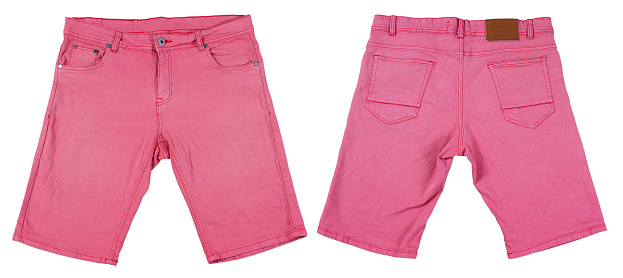 pink shorts set on white background. Denim pink shorts front and back isolated