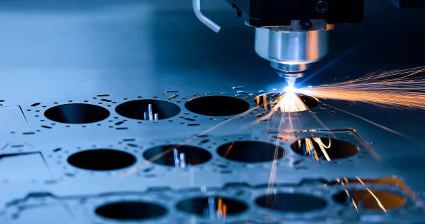 Cnc milling machine. Processing and laser cutting for metal in the industrial. Motion blur. Industrial exhibition of machine tools. stock photo