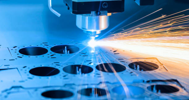 Cnc milling machine. Processing and laser cutting for metal in the industrial. Motion blur. Industrial exhibition of machine tools. stock photo