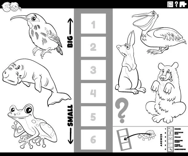 Vector illustration of biggest and smallest cartoon animal game coloring page