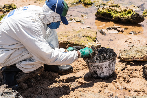 Salvador, Bahia, Brazil - October 26, 2019: Cleaning agents extract oil from Pedra do Sal beach in the city of Salvador. The site was affected by an oil spill off the coast of Bahia.