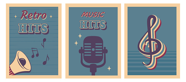 Retro music poster. Set of vintage background with musical notes, microphone, loudspeaker, lettering. Vector illustration for banner, flyer, placard, disco party, festival, invitation, advertising.
