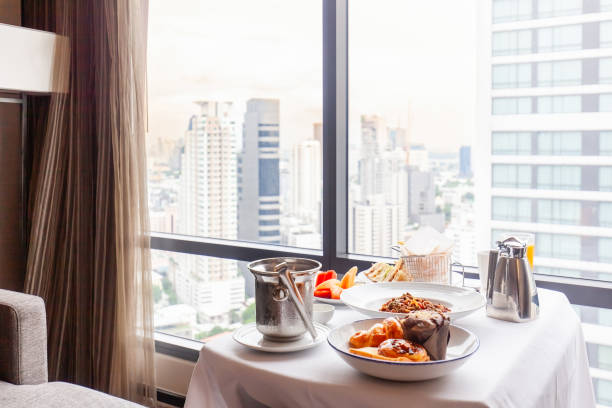 istock Breakfast serve on tray in luxury modern city hotel 1432699500