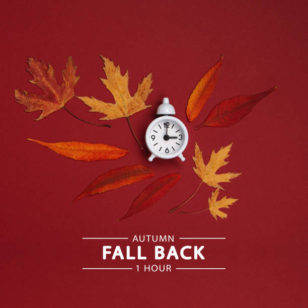 istock Fall Back, Autumn Time Change Concept. White Alarm Clock and Orange Autumn Leaves on Red Background. 1432699698