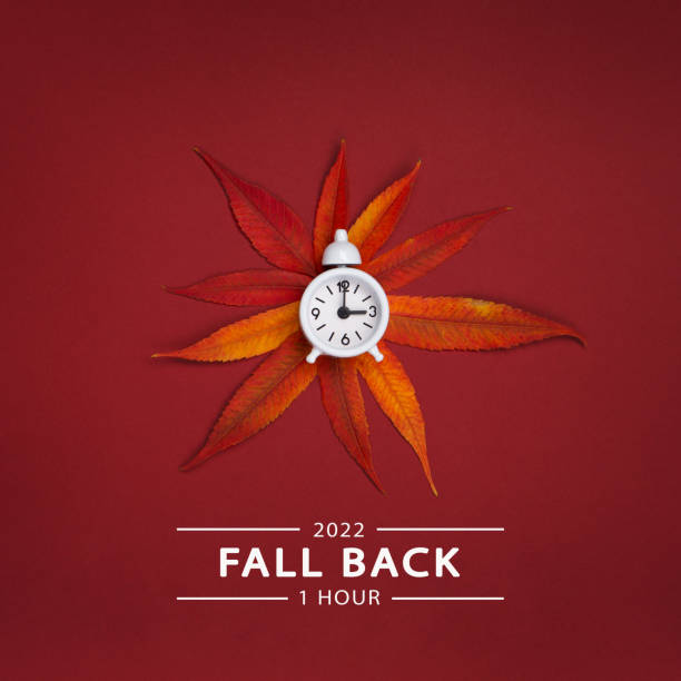istock Fall Back, Autumn Time Change Concept. White Alarm Clock and Orange Autumn Leaves on Red Background. 1432699706