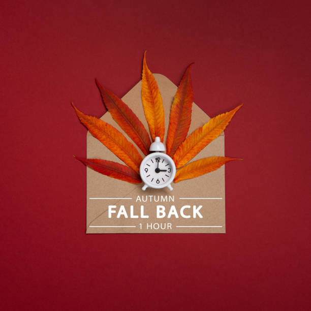 istock Fall Back, Autumn Time Change Concept. White Alarm Clock and Orange Autumn Leaves on Red Background. 1432699722