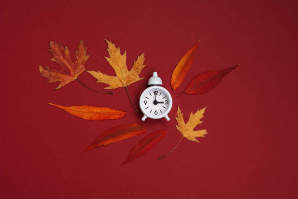 istock Fall Back, Autumn Time Change Concept. White Alarm Clock and Orange Autumn Leaves on Red Background. 1432699723
