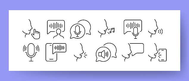 Voice Set icon. Voice message, voice input, song, speech bubble, conversation, sound track, music, dialogue, monologue recording. Talk concept. Vector line icon for Business and Advertising