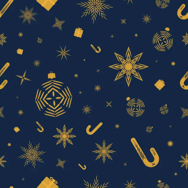 Vector illustration of Seamless pattern with gold stars, snowflakes, christmas tree balls, caramel cane, presents on a dark blue background.