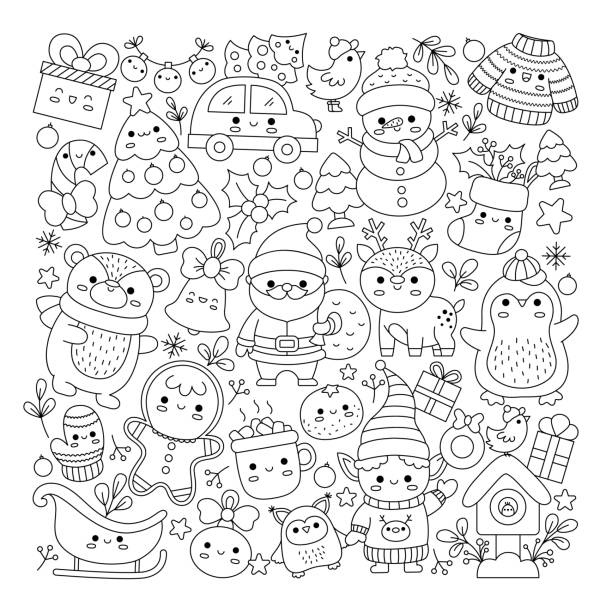 Vector Christmas square line coloring page for kids with cute kawaii characters. Black and white winter or New Year holiday illustration with funny Santa Claus, deer, elf, bear, tree Vector Christmas square line coloring page for kids with cute kawaii characters. Black and white winter or New Year holiday illustration with funny Santa Claus, deer, elf, bear, tree new years baby stock illustrations