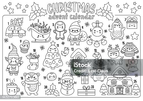 istock Vector black and white Christmas advent countdown calendar with traditional holiday symbols. Cute line kawaii winter planner for kids. Festive New Year coloring page with Santa Claus, tree, deer 1432703861
