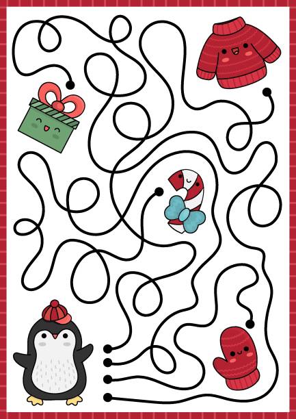 ilustraciones, imágenes clip art, dibujos animados e iconos de stock de laberinto navideño para niños. actividad imprimible preescolar de vacaciones de invierno con lindo pingüino kawaii, suéter, mitón, regalo, bastón de caramelo. juego de laberinto de año nuevo o rompecabezas con personajes lindos - 7585