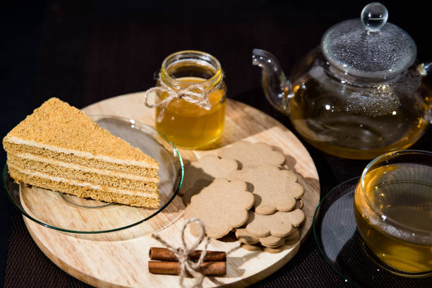 Biscuit honey cake. Tea drinking and dessert.