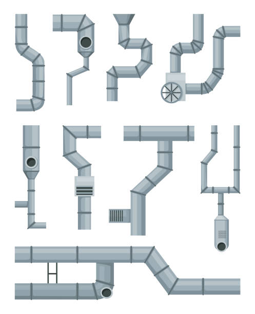 zestaw rur wentylacyjnych. elementy systemu wentylacyjnego. izolowane części kreskówek. konstruktor układu powietrznego, detali rur stalowych na białym tle - air duct obrazy stock illustrations