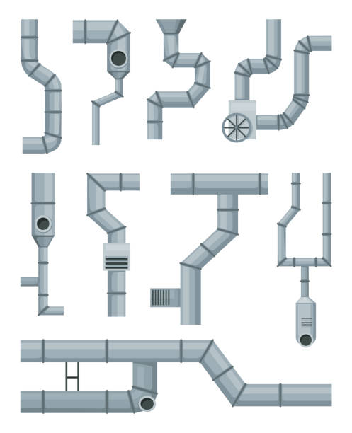 Ventilation pipe set. Vent system elements. Isolated cartoon parts. Air system, steel pipes details constructor on white background Ventilation pipe set. Vent system elements. Isolated cartoon parts. Air system, steel pipes details constructor on white background. ventilation pipes stock illustrations