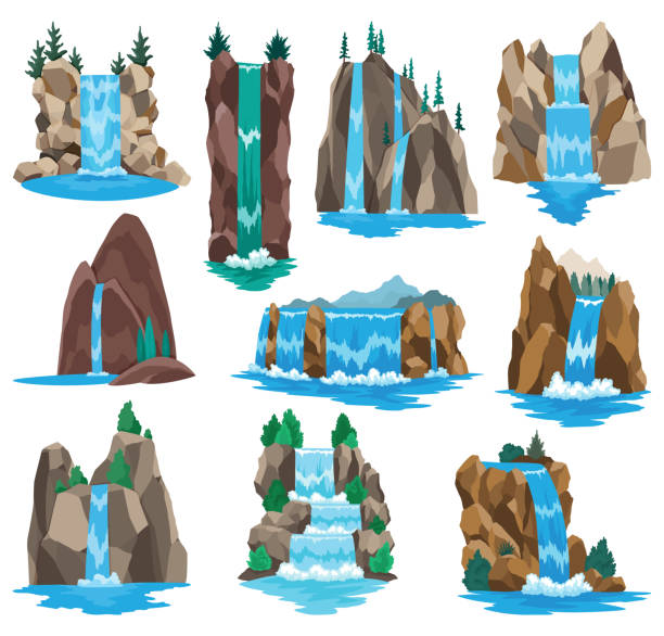 koleksi air terjun kaskade sungai kartun. lanskap dengan gunung dan pepohonan. elemen desain untuk brosur perjalanan atau ilustrasi game seluler. air alami segar - air terjun air mengalir ilustrasi stok