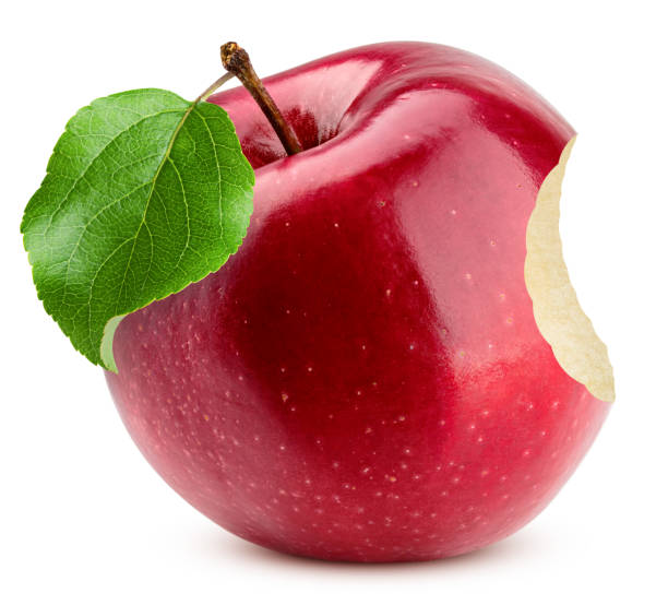 mordida de maçã vermelha isolada em fundo branco, caminho de recorte, profundidade total de campo - apple red isolated cut out - fotografias e filmes do acervo