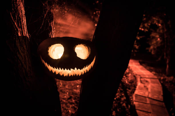 istock Pumpkin Burning In Forest At Night - Halloween Background. Scary Jack o Lantern smiling and glowing pumpkin with dark toned foggy background. Selective focus 1432707132
