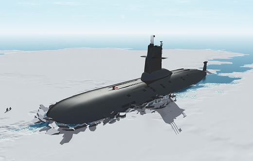 Heavy atomic submarine floating in ocean 3d illustration