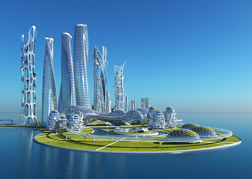 Future City on the coast.3d render