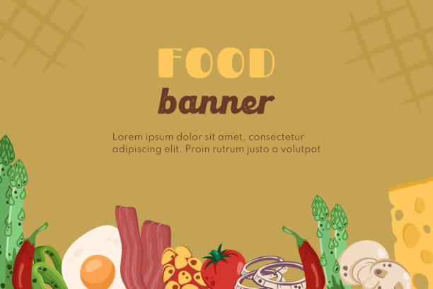 illustrations, cliparts, dessins animés et icônes de fond horizontal avec différents légumes, œuf, bacon, champignons, fromages pour les repas du petit-déjeuner, le dîner, la collation. nourriture saine et copieuse. illustration vectorielle pour le menu du restaurant, publicité, bannière - bacon vector breakfast farm