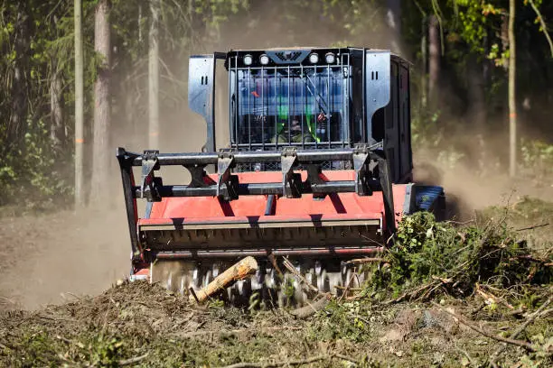 forest mulcher that cleans the soil in the forest. tracked general purpose vehicles used for vegetation and biomass management.