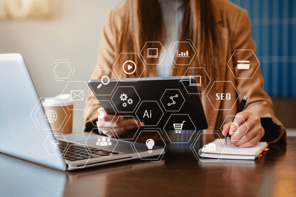istock Businessman working with smart phone and laptop and digital tablet computer in  office with digital marketing media 1432713375