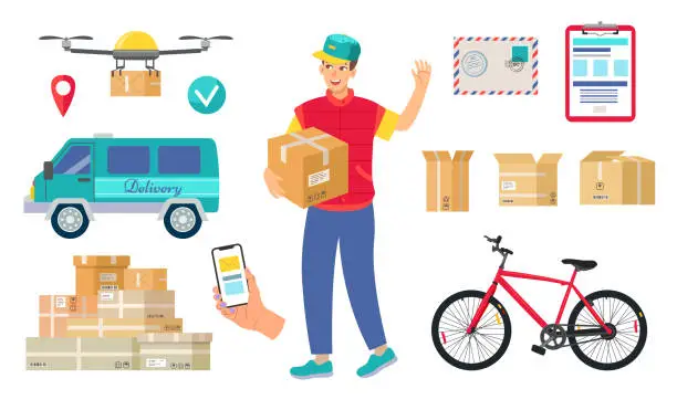 Vector illustration of Express delivery service objects illustrations set