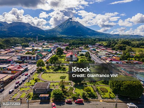 istock Beautiful aerial view of San Carlos La Fortuna Town - Arenal Volcano la Fortuna Church in Costa Rica 1432717203