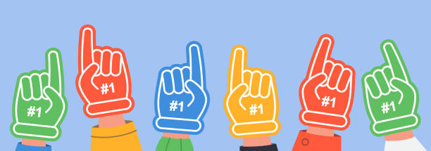 Support for football team from hands with fan foam fingers Support for football team from hands with fan foam fingers. Crowd of people wearing gloves of different colors at stadium flat vector illustration. Sports competition, enthusiasm, memorabilia concept basketball crowd stock illustrations