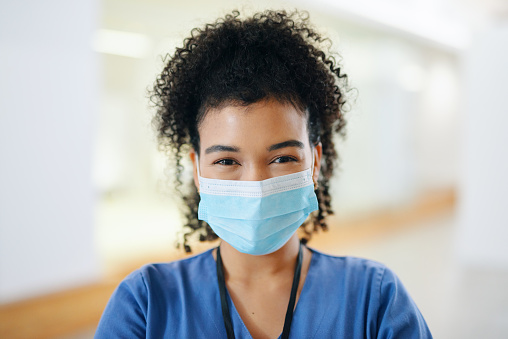 Face of a black woman doctor, nurse in covid pandemic with mask and portrait of young medical professional in the healthcare industry. Corona virus epidemic, young medicine doctors and clinic worker