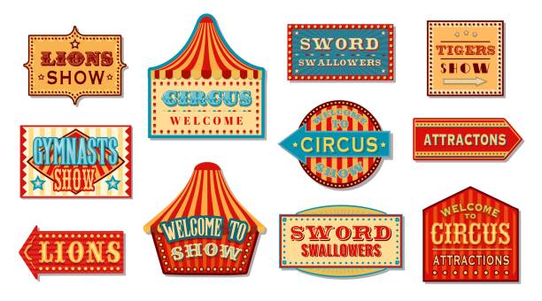 illustrazioni stock, clip art, cartoni animati e icone di tendenza di insegne circensi, insegne di carnevale alla biglietteria - theater marquee illustrations