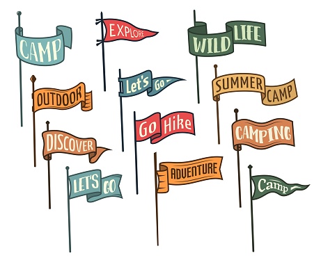 Camping pennant flags, isolated vector varsity scout or university banners for summer camp, outdoor hiking, camper wanderlust or adventure. Set of waving isolated flags on flagpoles