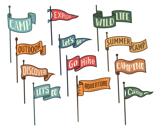 Camping pennant flags, isolated vector banners set Camping pennant flags, isolated vector varsity scout or university banners for summer camp, outdoor hiking, camper wanderlust or adventure. Set of waving isolated flags on flagpoles vintage sports stock illustrations