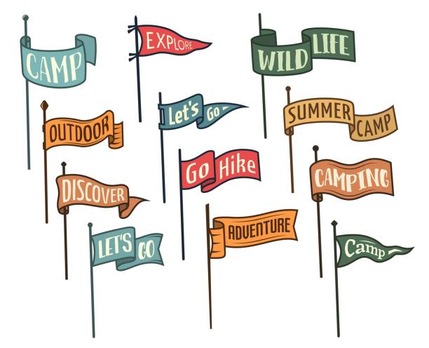 Camping pennant flags, isolated vector banners set Camping pennant flags, isolated vector varsity scout or university banners for summer camp, outdoor hiking, camper wanderlust or adventure. Set of waving isolated flags on flagpoles pennant stock illustrations