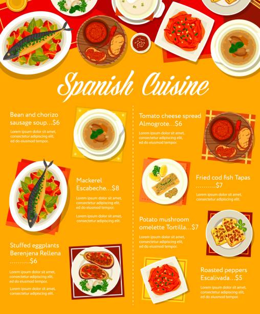 Spanish cuisine dishes menu page Spanish cuisine meals menu template. Potato mushroom omelette, cod fish Tapas and Berenjena Rellena, roasted peppers, bean and chorizo sausage soup and mackerel Escabeche, Almogrote, Sopa de Ajo soup omelette on the plate stock illustrations