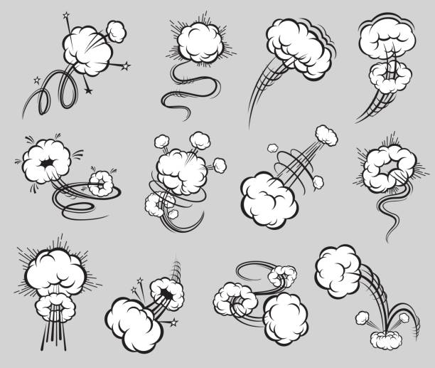 komiksowe bąbelki ruchu prędkości, szlaki, dym z kreskówek - nuclear energy flash stock illustrations