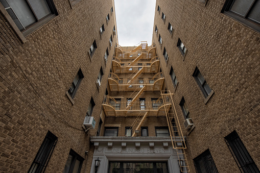 Street view of New York City Lower Manhattan buildings