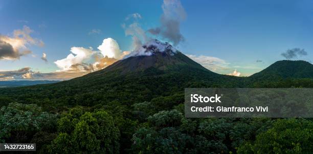 Beautiful Aerial View Of The Arenal Volcano The Arenal Lagoon And Rain Forest In Costa Rica Stock Photo - Download Image Now