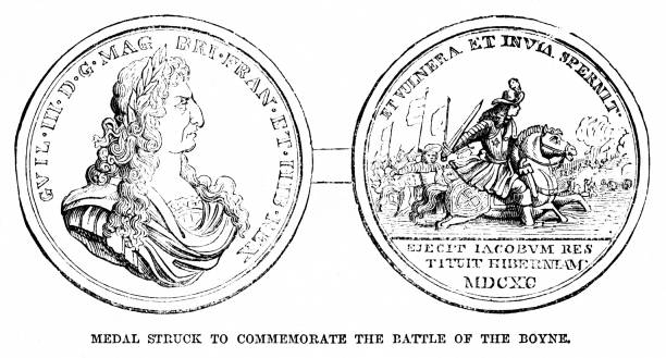 ilustraciones, imágenes clip art, dibujos animados e iconos de stock de moneda conmemorativa de la batalla de boyne, historia británica del siglo 17 - jacobo ii de inglaterra
